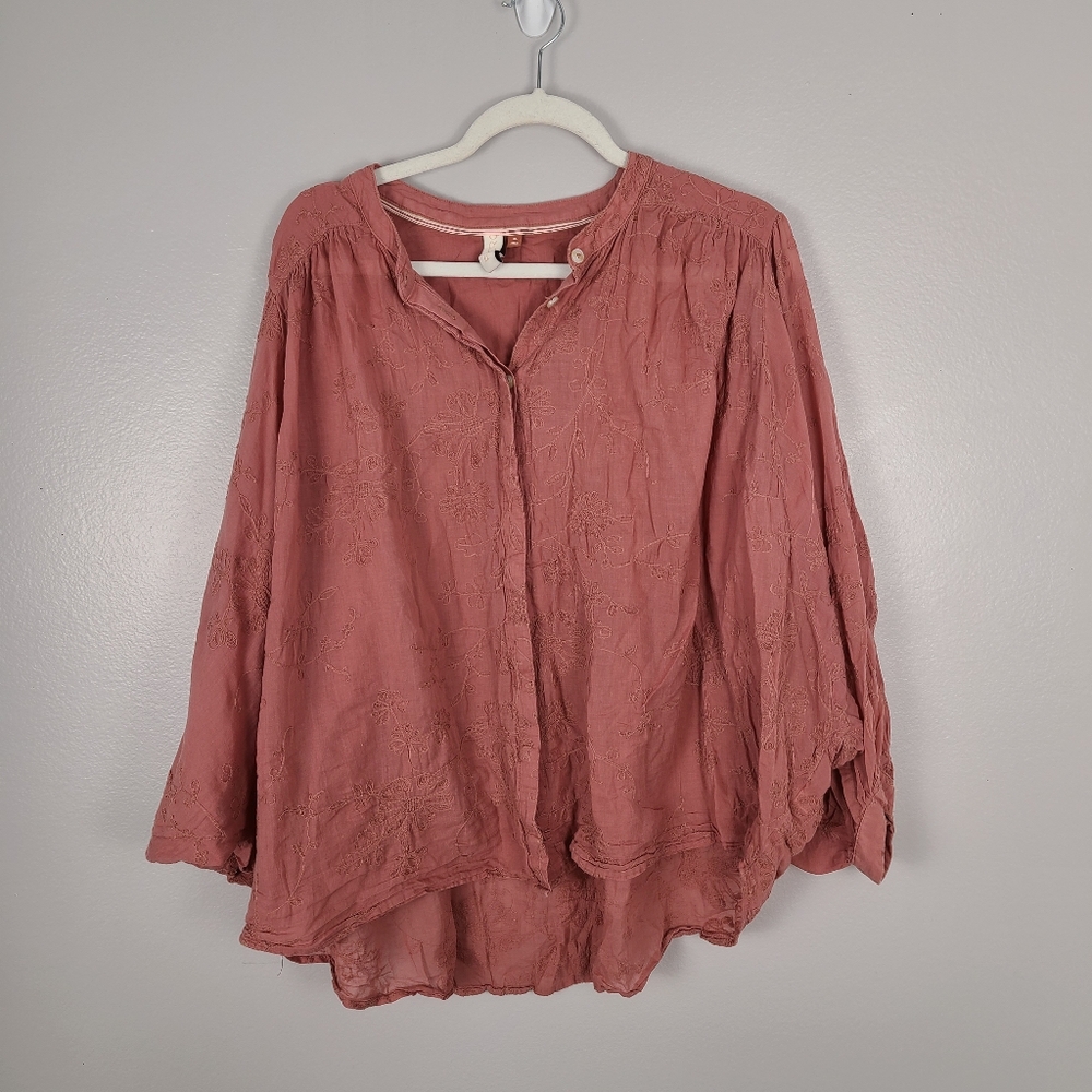 Anthropologie Pilcro Mauve Pink Cotton Floral Embroidered Button-up Batwing Top - Picture 7 of 9